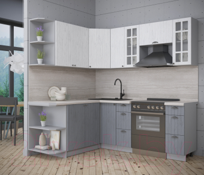 Кухонный гарнитур Интерлиния Берес 1.7x2.1 левая (дуб полярный/дуб серый/травертин серый)