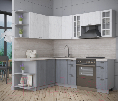 Кухонный гарнитур Интерлиния Берес 1.7x2.2 левая (дуб полярный/дуб серый/травертин серый)