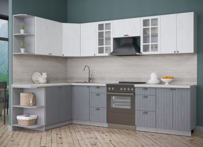 Кухонный гарнитур Интерлиния Берес 1.7x3.0 левая (дуб полярный/дуб серый/травертин серый)