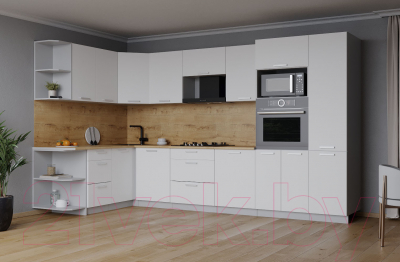 Кухонный гарнитур Интерлиния Мила Лайт 1.68x3.2 левая (белый платинум/белый платинум/дуб бунратти)