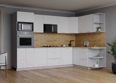 Кухонный гарнитур Интерлиния Мила Лайт 1.68x2.8 правая (белый платинум/белый платинум/дуб бунратти)