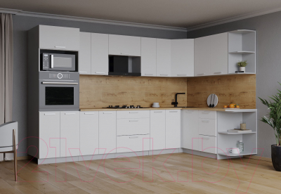 Кухонный гарнитур Интерлиния Мила Лайт 1.68x3.0 правая (белый платинум/белый платинум/дуб бунратти)