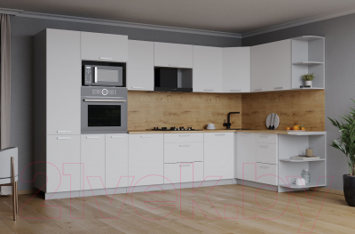 Кухонный гарнитур Интерлиния Мила Лайт 1.68x3.2 правая (белый платинум/белый платинум/дуб бунратти)