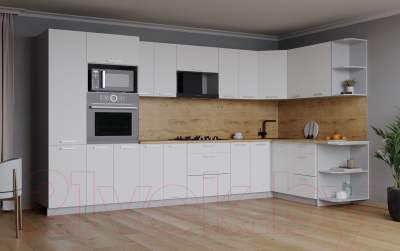 Кухонный гарнитур Интерлиния Мила Лайт 1.68x3.4 правая (белый платинум/белый платинум/дуб бунратти)