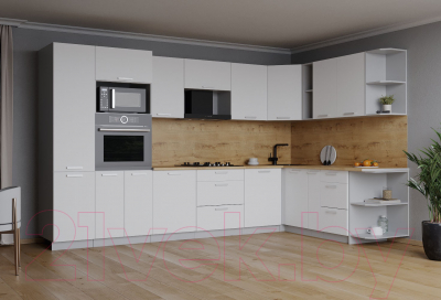 Кухонный гарнитур Интерлиния Мила Лайт 1.88x3.2 правая (белый платинум/белый платинум/дуб бунратти)