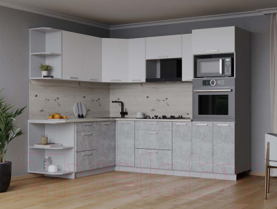 Кухонный гарнитур Интерлиния Мила Лайт 1.68x2.4 левая (белый платинум/бетон/бискайская сосна)