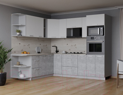 Кухонный гарнитур Интерлиния Мила Лайт 1.88x2.4 левая (белый платинум/бетон/бискайская сосна)