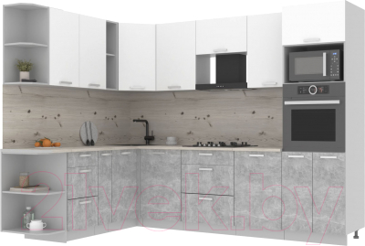 Кухонный гарнитур Интерлиния Мила Лайт 1.88x2.8 левая (белый платинум/бетон/бискайская сосна) - фото