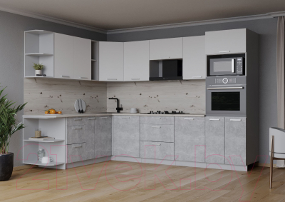 Кухонный гарнитур Интерлиния Мила Лайт 1.88x2.8 левая (белый платинум/бетон/бискайская сосна)