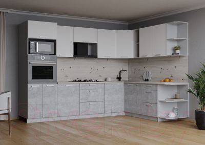 Кухонный гарнитур Интерлиния Мила Лайт 1.88x3.0 левая (белый платинум/бетон/бискайская сосна)