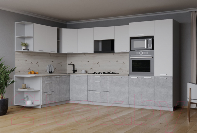 Кухонный гарнитур Интерлиния Мила Лайт 1.88x3.2 левая (белый платинум/бетон/бискайская сосна)