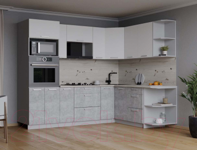 Кухонный гарнитур Интерлиния Мила Лайт 1.68x2.4 правая (белый платинум/бетон/бискайская сосна)