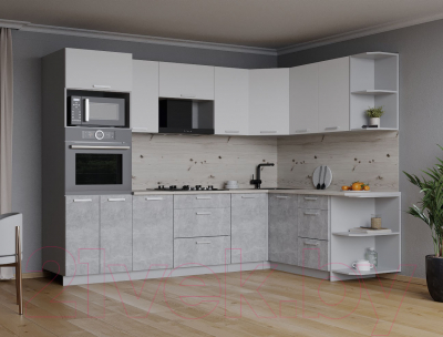 Кухонный гарнитур Интерлиния Мила Лайт 1.68x2.6 правая (белый платинум/бетон/бискайская сосна)