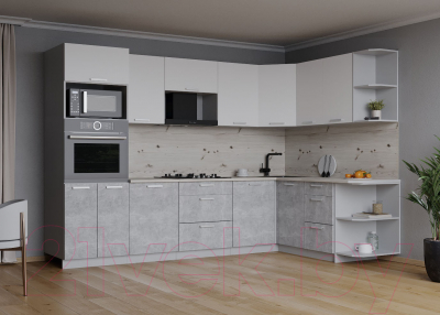 Кухонный гарнитур Интерлиния Мила Лайт 1.68x2.8 правая (белый платинум/бетон/бискайская сосна)