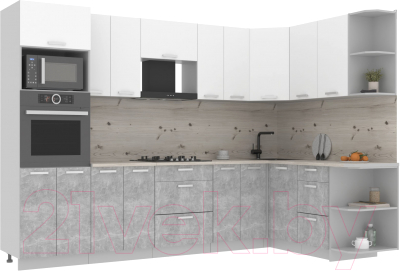 Кухонный гарнитур Интерлиния Мила Лайт 1.68x3.0 правая (белый платинум/бетон/бискайская сосна) - фото