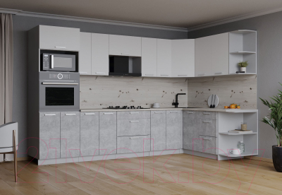 Кухонный гарнитур Интерлиния Мила Лайт 1.68x3.0 правая (белый платинум/бетон/бискайская сосна)