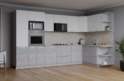 Кухонный гарнитур Интерлиния Мила Лайт 1.68x3.2 правая (белый платинум/бетон/бискайская сосна)