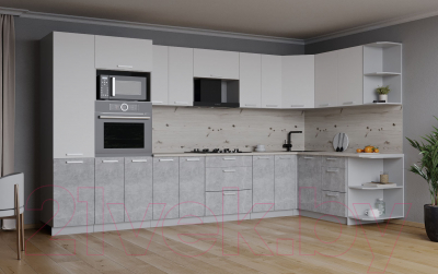 Кухонный гарнитур Интерлиния Мила Лайт 1.68x3.4 правая (белый платинум/бетон/бискайская сосна)