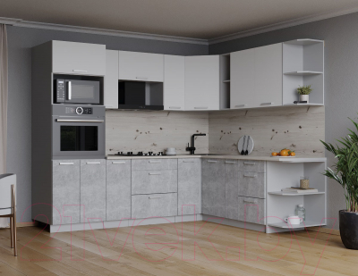 Кухонный гарнитур Интерлиния Мила Лайт 1.88x2.4 правая (белый платинум/бетон/бискайская сосна)