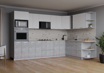 Кухонный гарнитур Интерлиния Мила Лайт 1.88x3.0 правая (белый платинум/бетон/бискайская сосна)