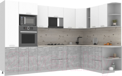 Кухонный гарнитур Интерлиния Мила Лайт 1.88x3.2 правая (белый платинум/бетон/бискайская сосна) - фото
