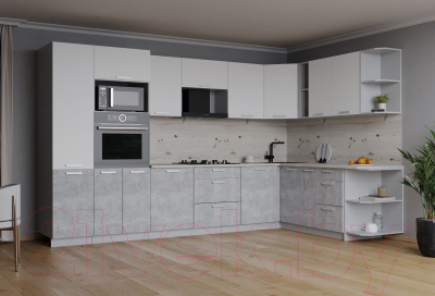 Кухонный гарнитур Интерлиния Мила Лайт 1.88x3.2 правая (белый платинум/бетон/бискайская сосна)