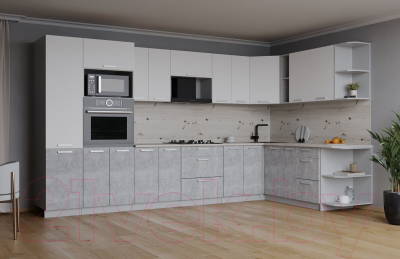 Кухонный гарнитур Интерлиния Мила Лайт 1.88x3.4 правая (белый платинум/бетон/бискайская сосна)