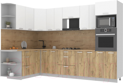 Кухонный гарнитур Интерлиния Мила Лайт 1.68x3.0 левая (белый платинум/дуб золотой/дуб бунратти) - фото