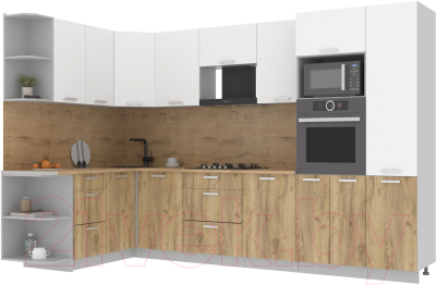 Кухонный гарнитур Интерлиния Мила Лайт 1.68x3.2 левая (белый платинум/дуб золотой/дуб бунратти) - фото