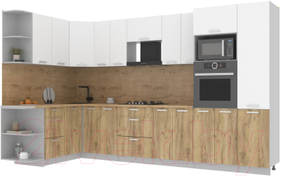 Кухонный гарнитур Интерлиния Мила Лайт 1.68x3.4 левая (белый платинум/дуб золотой/дуб бунратти) - фото