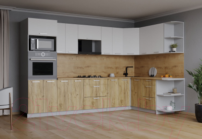 Кухонный гарнитур Интерлиния Мила Лайт 1.68x3.0 правая (белый платинум/дуб золотой/дуб бунратти)