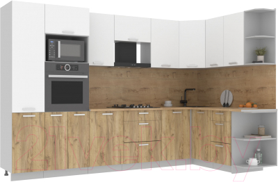 Кухонный гарнитур Интерлиния Мила Лайт 1.68x3.2 правая (белый платинум/дуб золотой/дуб бунратти) - фото