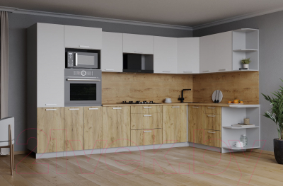 Кухонный гарнитур Интерлиния Мила Лайт 1.68x3.2 правая (белый платинум/дуб золотой/дуб бунратти)