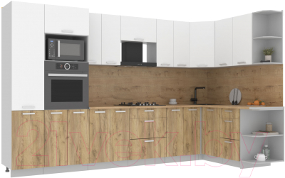 Кухонный гарнитур Интерлиния Мила Лайт 1.68x3.4 правая (белый платинум/дуб золотой/дуб бунратти) - фото
