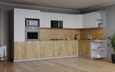 Кухонный гарнитур Интерлиния Мила Лайт 1.68x3.4 правая (белый платинум/дуб золотой/дуб бунратти)