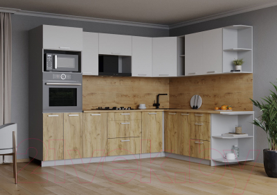 Кухонный гарнитур Интерлиния Мила Лайт 1.88x2.6 правая (белый платинум/дуб золотой/дуб бунратти)