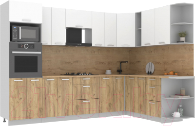 Кухонный гарнитур Интерлиния Мила Лайт 1.88x3.0 правая (белый платинум/дуб золотой/дуб бунратти) - фото