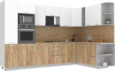 Кухонный гарнитур Интерлиния Мила Лайт 1.88x3.2 правая (белый платинум/дуб золотой/дуб бунратти) - фото