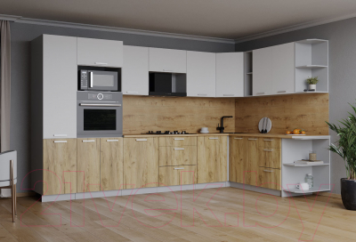 Кухонный гарнитур Интерлиния Мила Лайт 1.88x3.2 правая (белый платинум/дуб золотой/дуб бунратти)