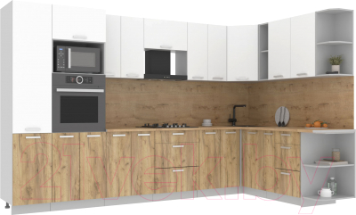 Кухонный гарнитур Интерлиния Мила Лайт 1.88x3.4 правая (белый платинум/дуб золотой/дуб бунратти) - фото