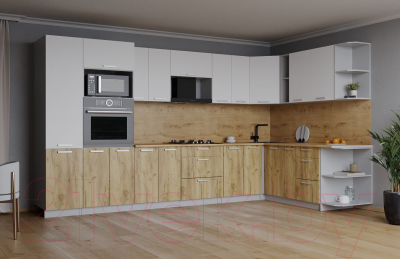 Кухонный гарнитур Интерлиния Мила Лайт 1.88x3.4 правая (белый платинум/дуб золотой/дуб бунратти)