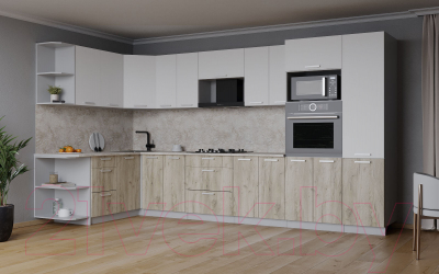 Кухонный гарнитур Интерлиния Мила Лайт 1.68x3.4 левая (белый платинум/дуб серый/малага)