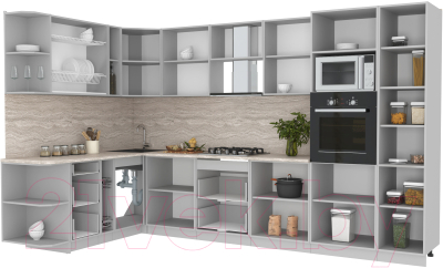 Кухонный гарнитур Интерлиния Мила Лайт 1.68x3.4 левая (белый платинум/дуб серый/малага)