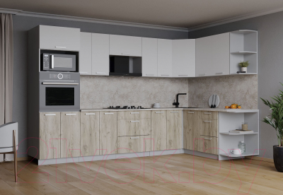 Кухонный гарнитур Интерлиния Мила Лайт 1.68x3.0 правая (белый платинум/дуб серый/малага)