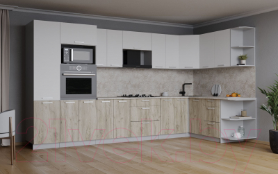 Кухонный гарнитур Интерлиния Мила Лайт 1.68x3.4 правая (белый платинум/дуб серый/малага)