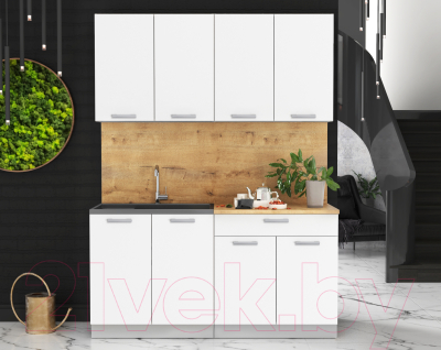 Кухонный гарнитур Интерлиния Мила Лайт 1.6 (белый платинум/белый платинум/дуб бунратти)