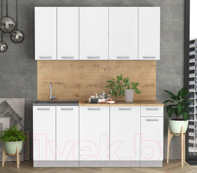 Кухонный гарнитур Интерлиния Мила Лайт 1.7-60 (белый платинум/белый платинум/дуб бунратти)