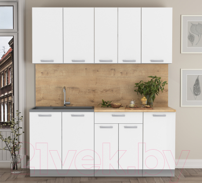 Кухонный гарнитур Интерлиния Мила Лайт 1.8 (белый платинум/белый платинум/дуб бунратти)
