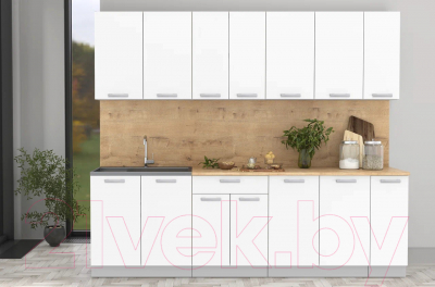 Кухонный гарнитур Интерлиния Мила Лайт 2.5 (белый платинум/белый платинум/дуб бунратти)