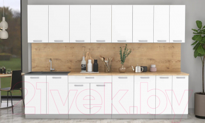 Кухонный гарнитур Интерлиния Мила Лайт 3.0 (белый платинум/белый платинум/дуб бунратти)